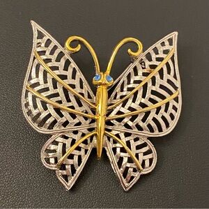 Vintage Avon Butterfly Brooch Gold Silver Tone Filigree Wings Blue Crystal Eyes